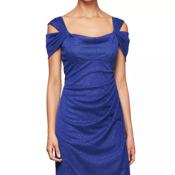 Formal Dress Size 14 ALEX EVENINGS Cold off the Shoulder Glitter Mesh Gown Blue - Picture 3 of 6